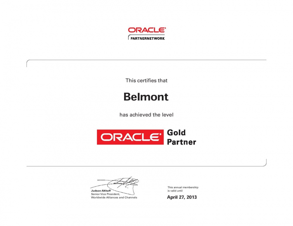 Партнерский статус компании Belmont - Oracle Gold Partner